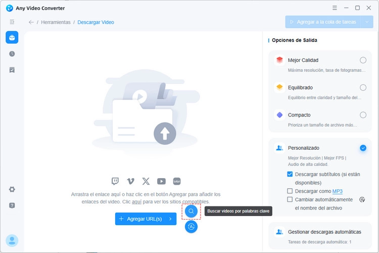 Abrir YouTube en el navegador integrado de Any Video Converter